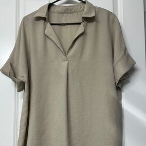 Tan Blouse with Cuffed Sleeves and Notched Collar